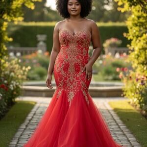 Mac Duggal Red and Gold Strapless Prom Dress